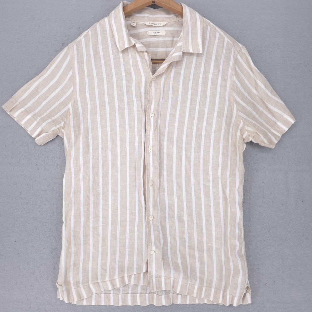 Suitsupply Shirt Mens Medium Beige White Linen Striped Short Sleeve Button Up